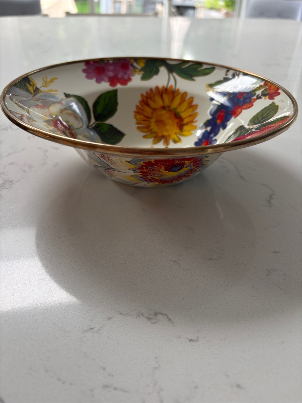 Mackenzie Childs Floral Bowl with Gold Rim - White Multi-Color